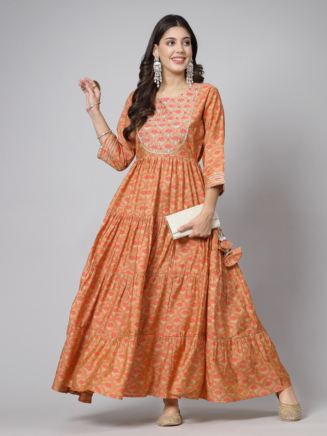 

SWAS Floral Printed Thread Work Cotton Fit & Flare Tiered Maxi Ethnic Dress, Orange