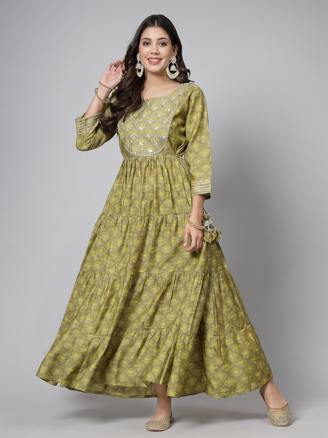 

SWAS Floral Embroidered Cotton Maxi Ethnic Dresses, Green