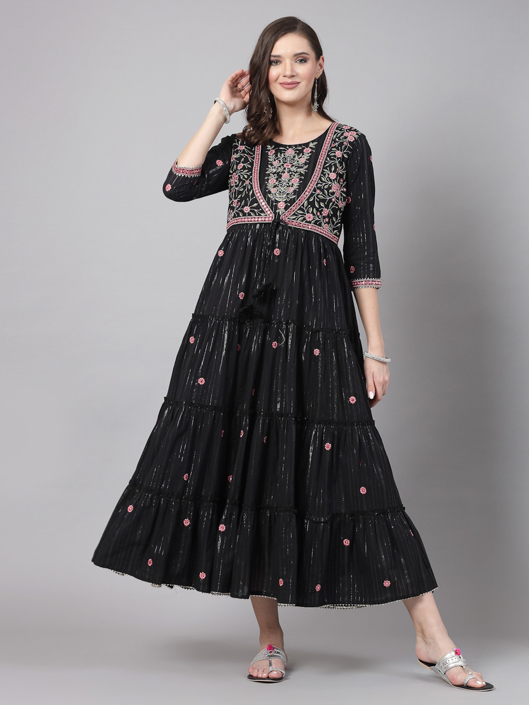 

SWAS Floral Embroidered Cotton Maxi Ethnic Dresses, Black