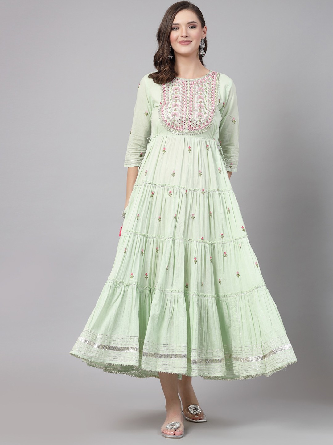 

SWAS Floral Embroidered Mirror Work Cotton Fit & Flare Tiered Maxi Ethnic Dress, Green