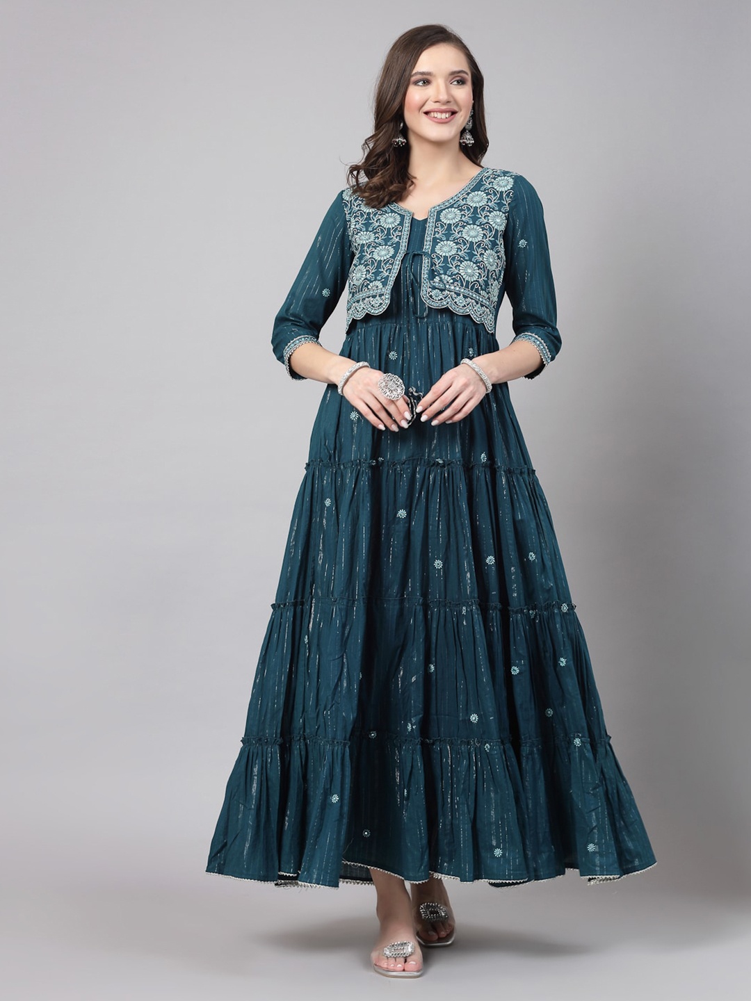 

SWAS Floral Embroidered V-Neck Cotton Maxi Ethnic Dresses, Teal