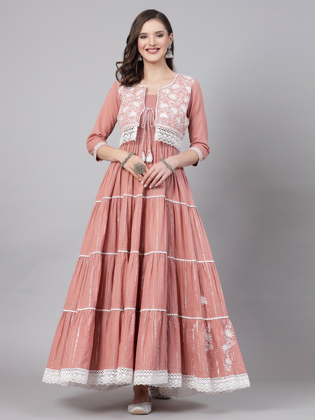

SWAS Floral Embroidered Cotton Smocked Tiered Fit & Flare Maxi Ethnic Dress With Jacket, Peach