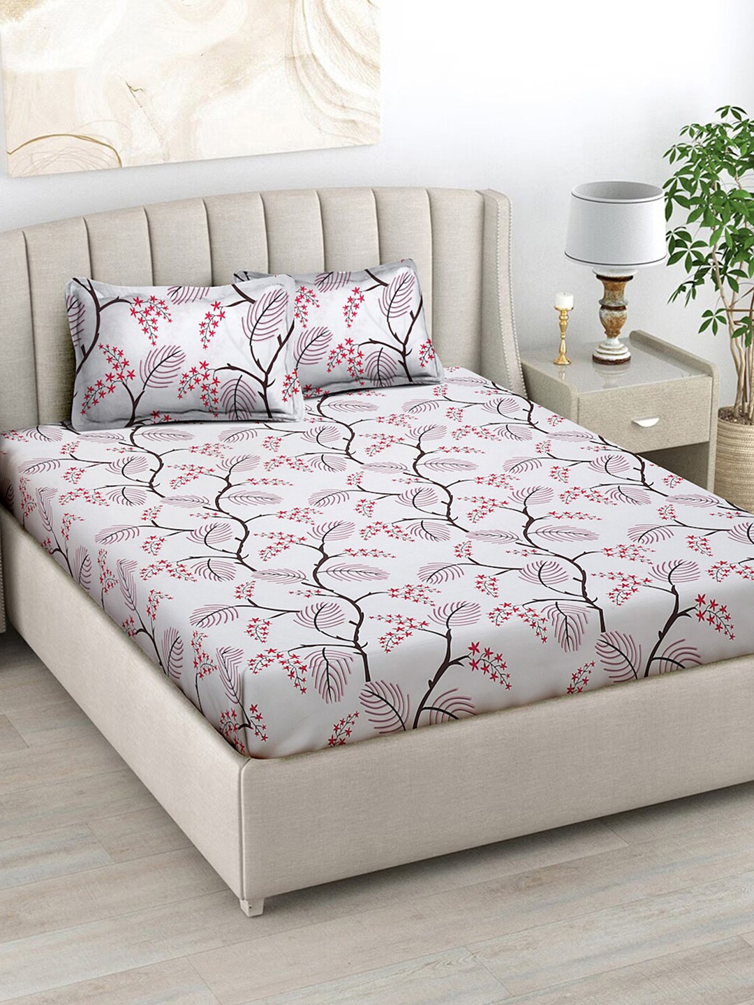 

FABINALIV White & Pink Floral Print 300 TC King Size Bedsheet & 2 Pillow Covers