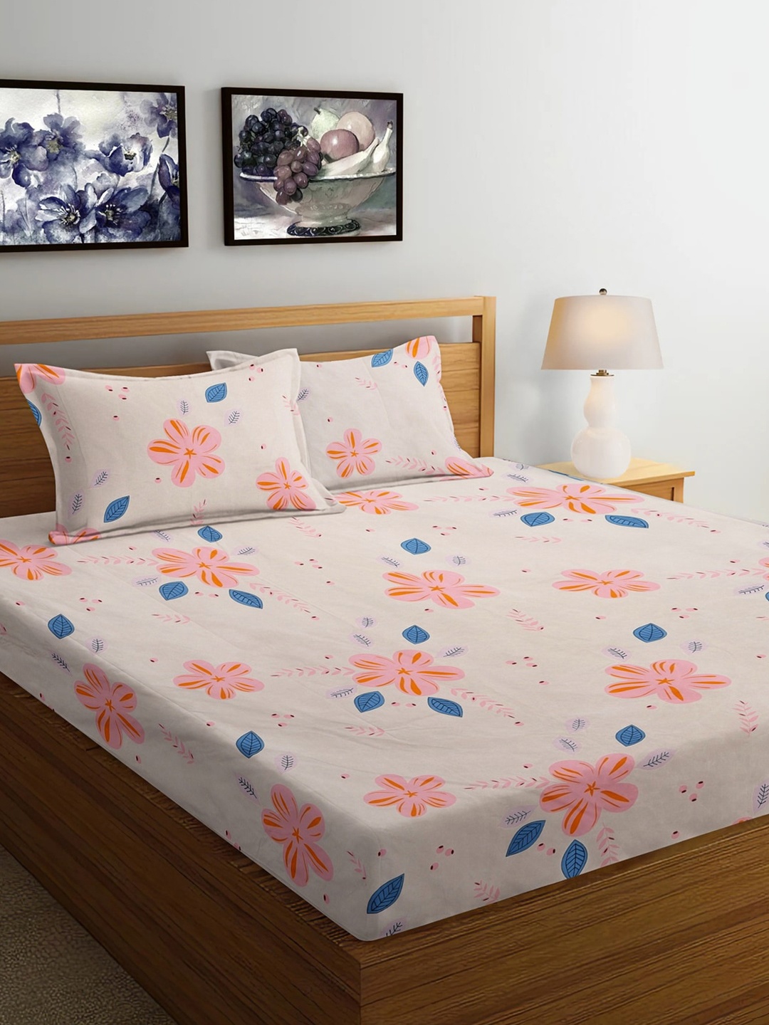 

FABINALIV Pink & Blue Floral Print 300 TC King Size Bedsheet & 2 Pillow Covers