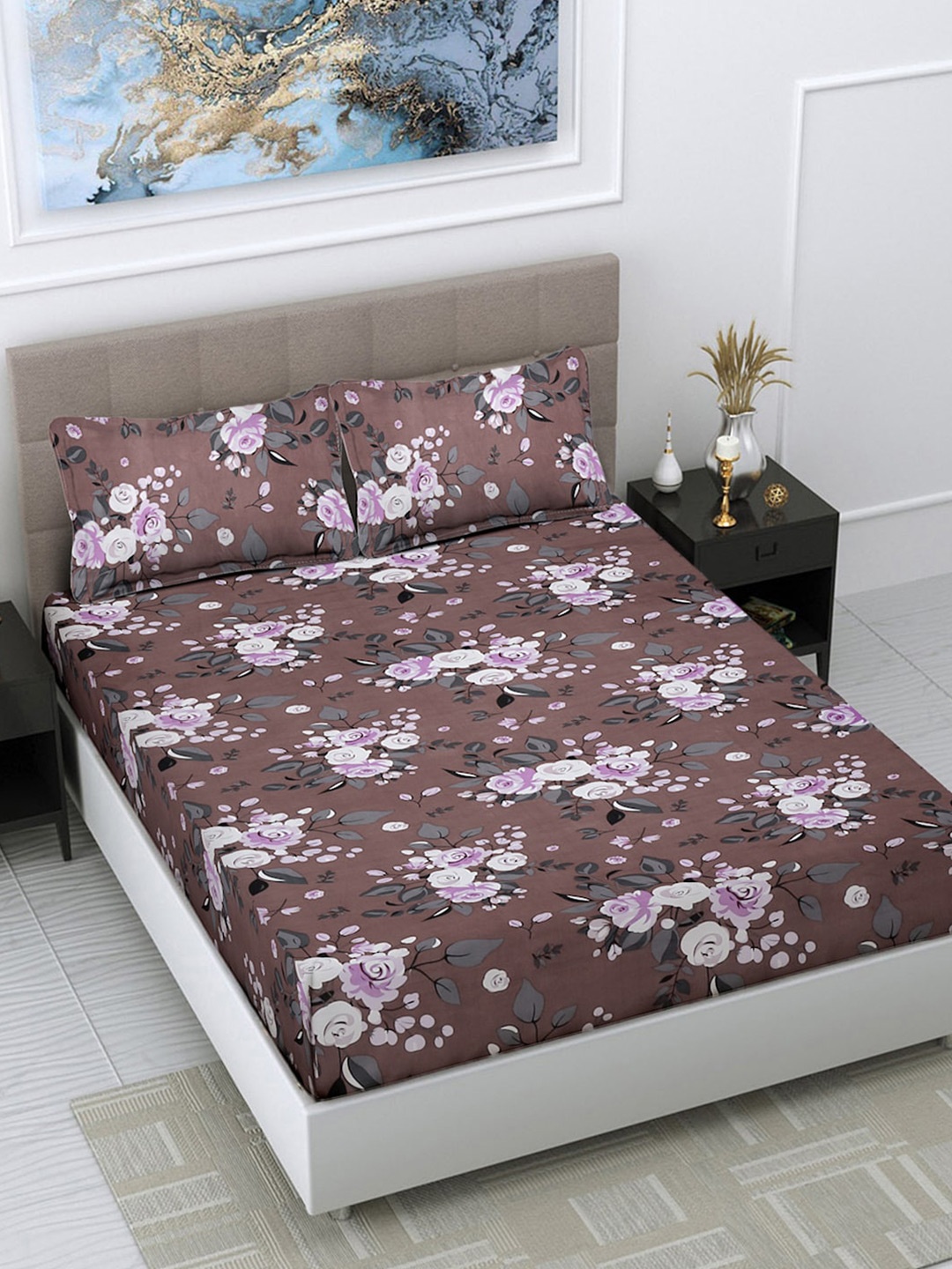 

FABINALIV Brown & Lavender Floral Print 300 TC King Size Bedsheet & 2 Pillow Covers