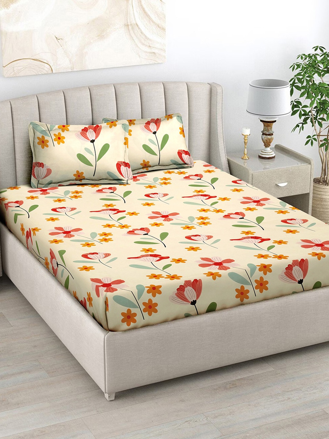 

FABINALIV Yellow & Red Floral Print 300 TC King Size Bedsheet & 2 Pillow Covers