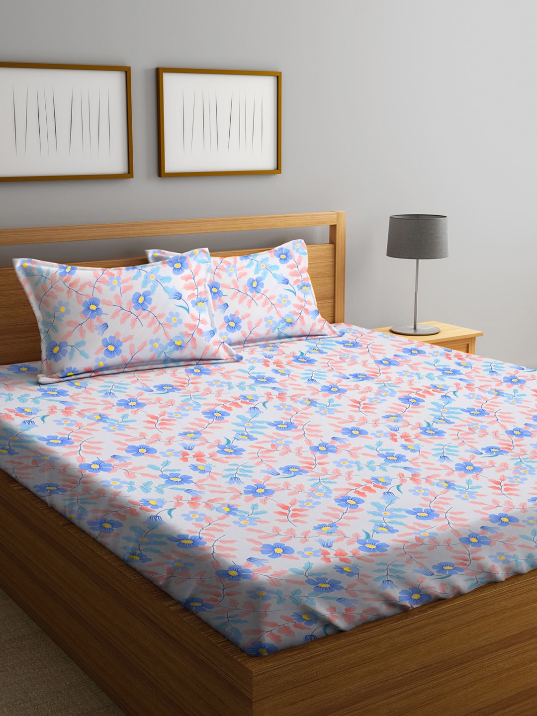

FABINALIV White & Pink Floral Print 300 TC King Size Bedsheet & 2 Pillow Covers
