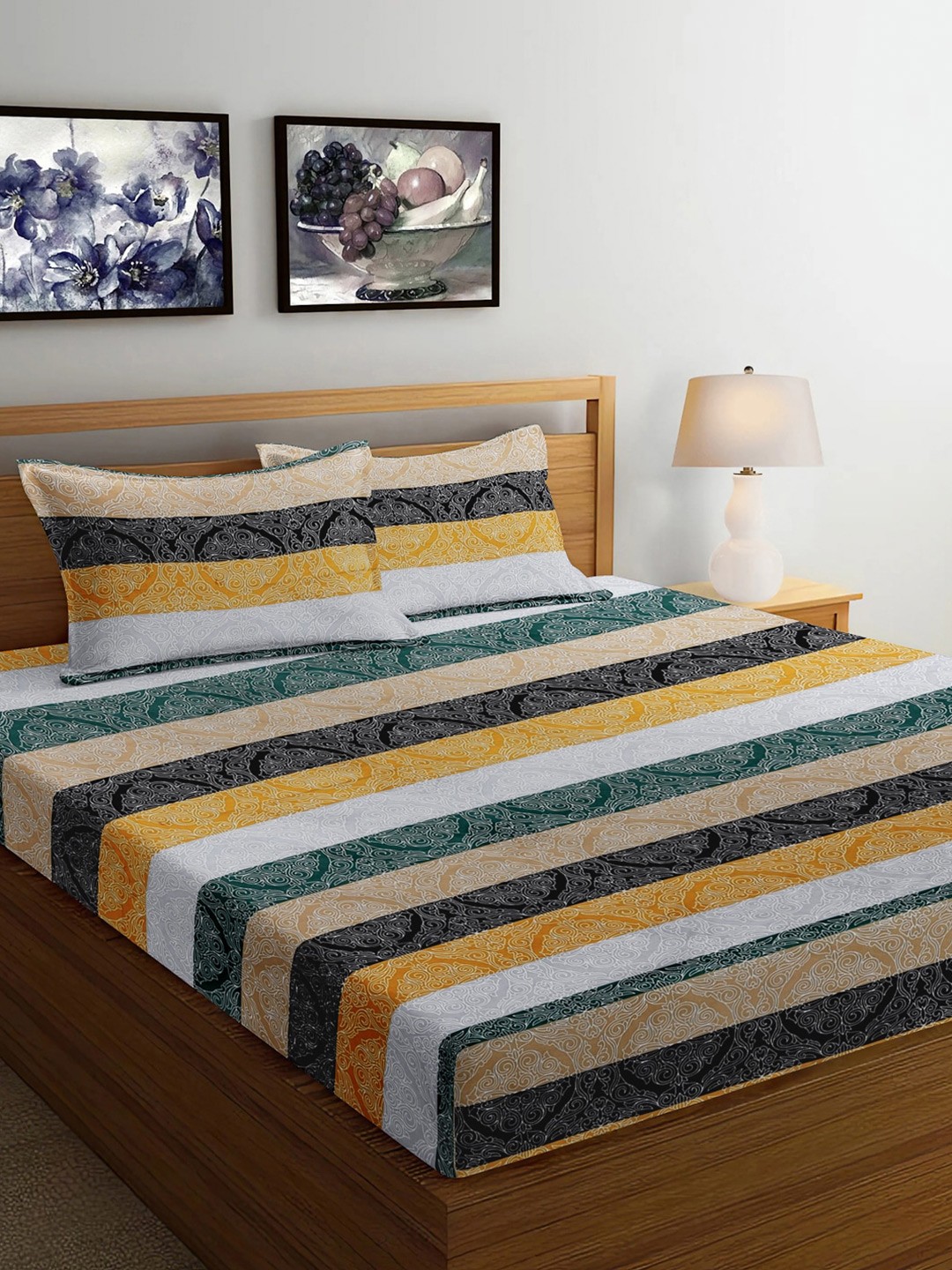 

FABINALIV Yellow & White Striped Print 300 TC King Size Bedsheet & 2 Pillow Covers