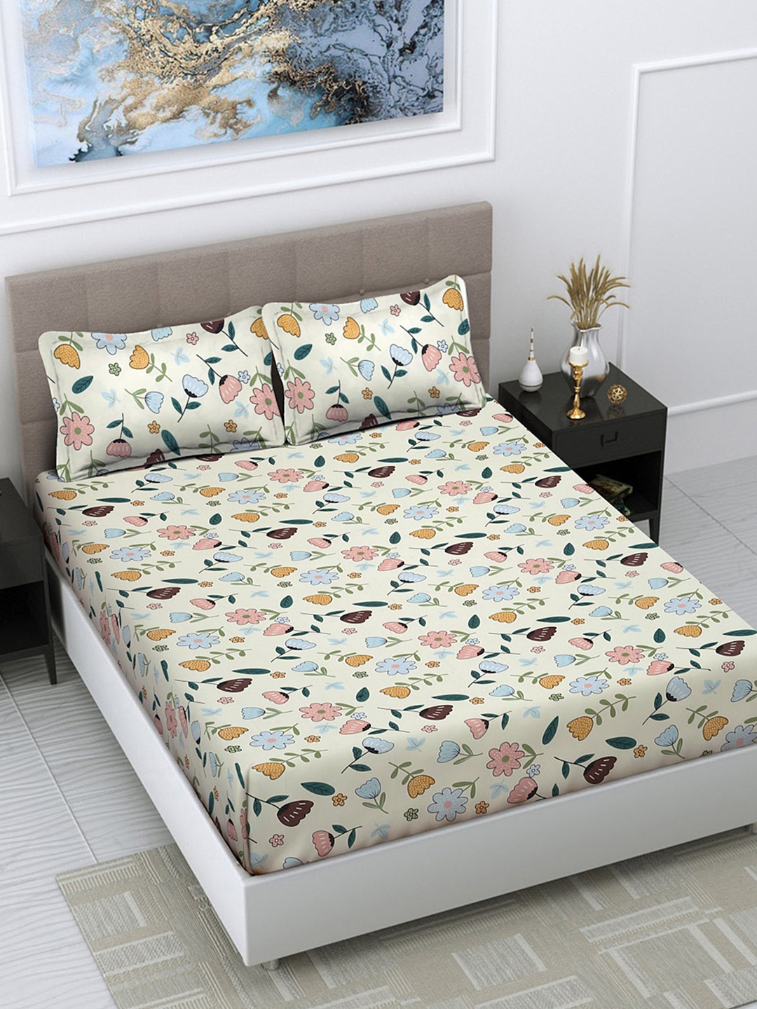

FABINALIV White & Blue Floral Print 300 TC King Size Bedsheet & 2 Pillow Covers