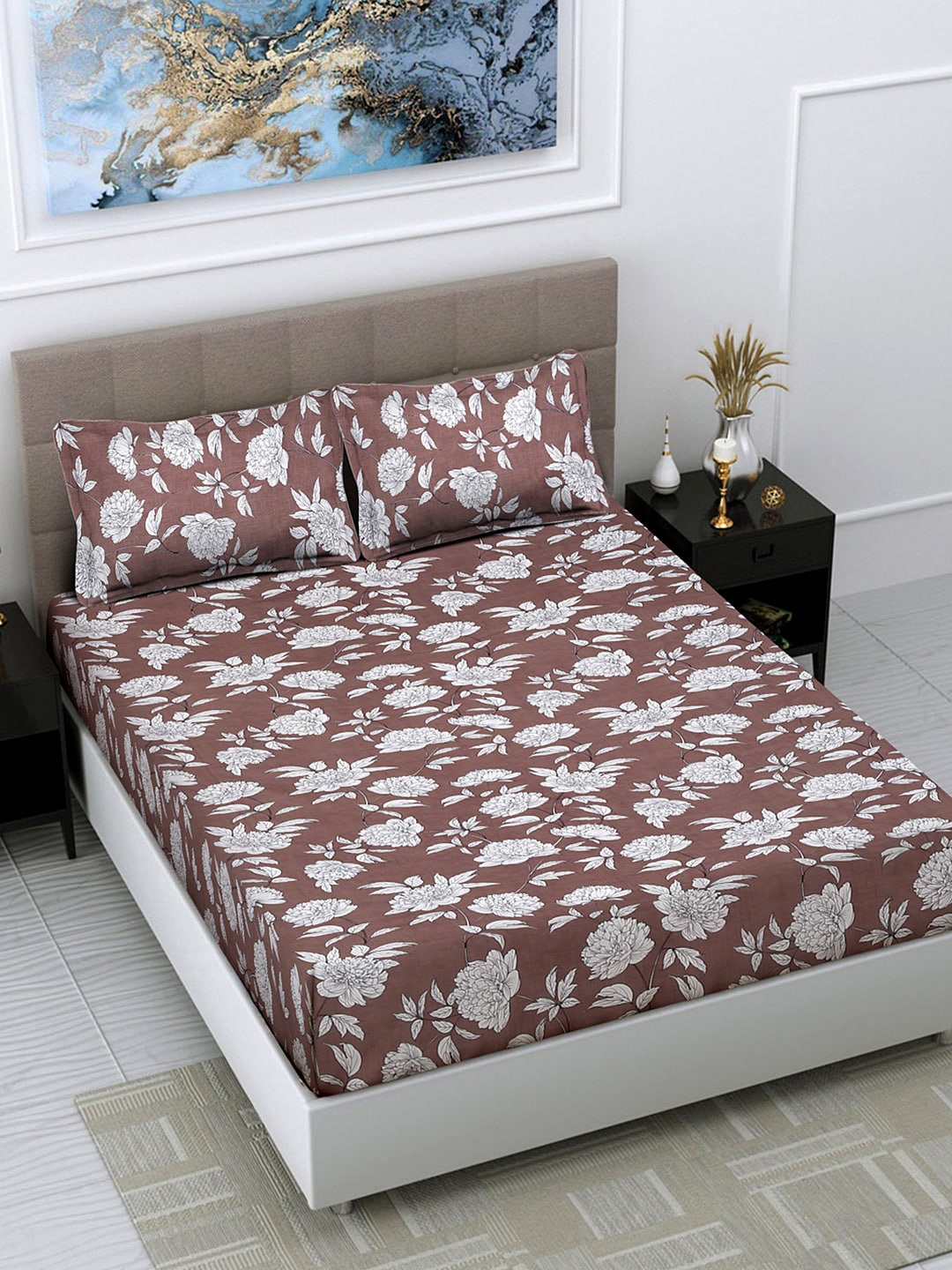 

FABINALIV Brown & White Floral Print 300 TC King Size Bedsheet & 2 Pillow Covers