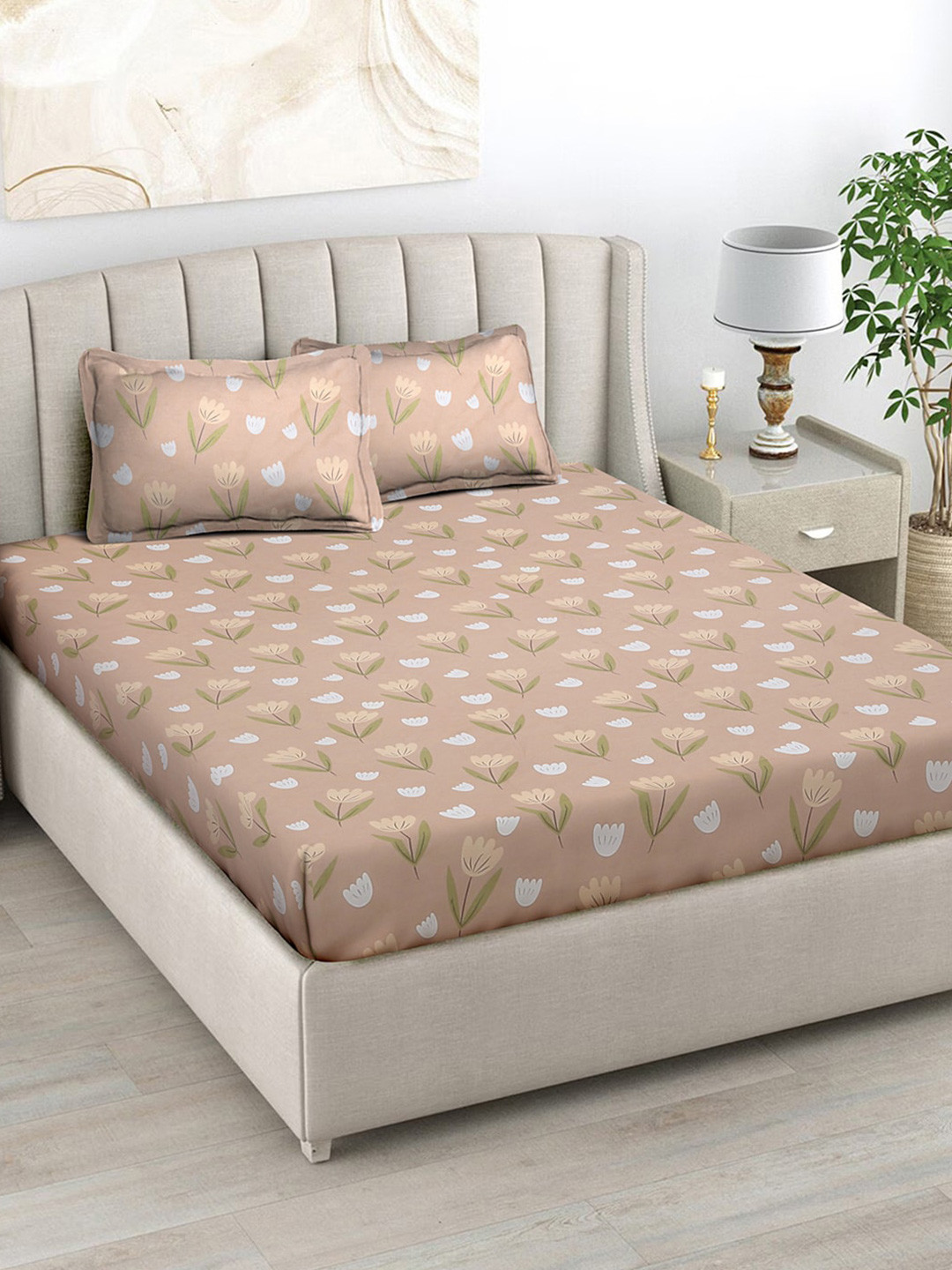 

FABINALIV Brown & White Floral Polycotton 300 TC King Bedsheet With 2 Pillow Covers