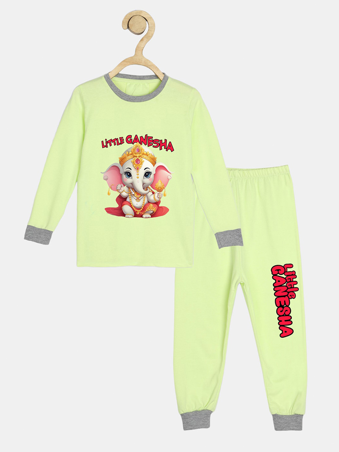 

Wyld Sprog Boys Ganesha Printed Cotton Top With Pyjamas, Lime green
