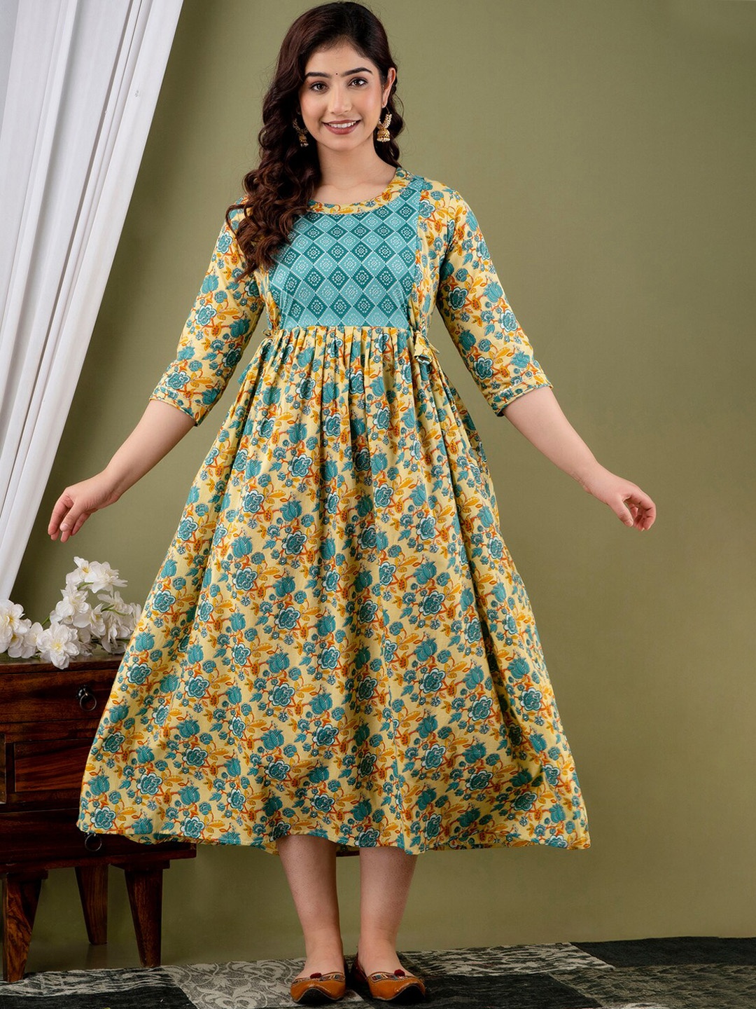 

NITVAN Maternity Floral Printed Gathered Fit & Flare Dress, Yellow