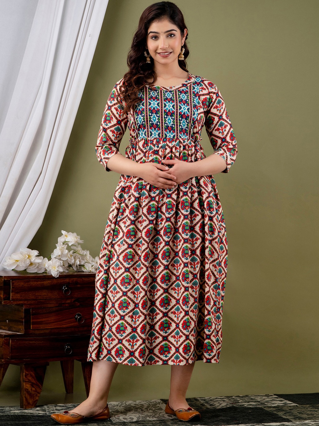 

NITVAN Maternity Ethnic Motifs Printed Gathered Fit & Flare Dress, Beige