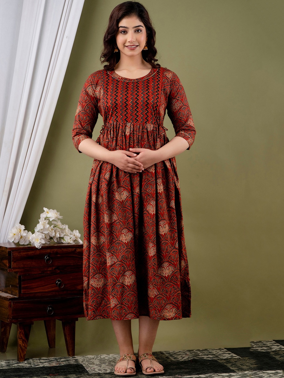 NITVAN Maternity Ethnic Motifs Printed Gathered Fit & Flare Dress, Maroon