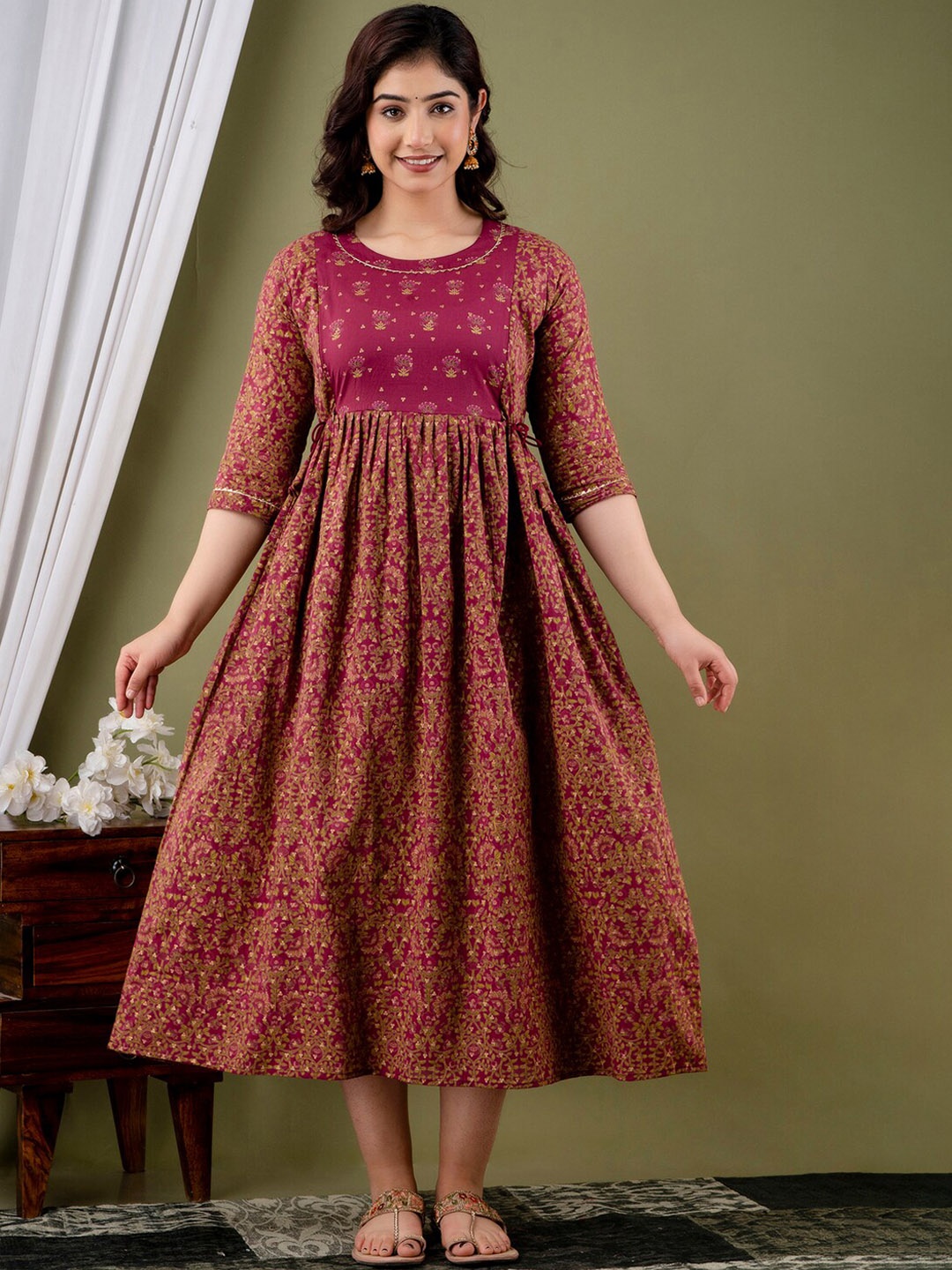 

NITVAN Ethnic Motifs Printed Gathered Fit & Flare Dress, Purple