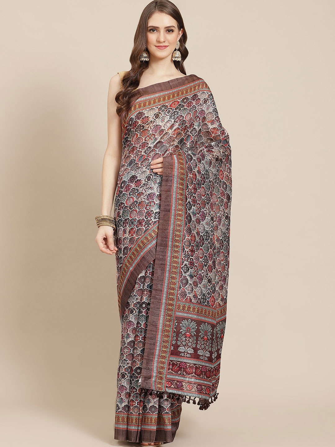 

Mitera Grey & Red Ethnic Motifs Printed Kanjeevaram Saree