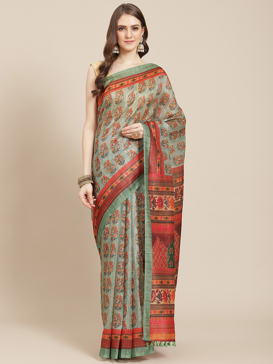 

Mitera Green & Red Floral Printed Half and Half Silk Blend Saree