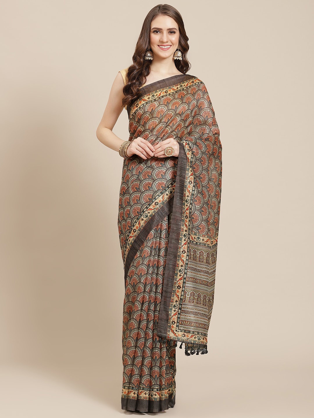 

Mitera Grey & Brown Ethnic Motifs Printed Kanjeevaram Saree