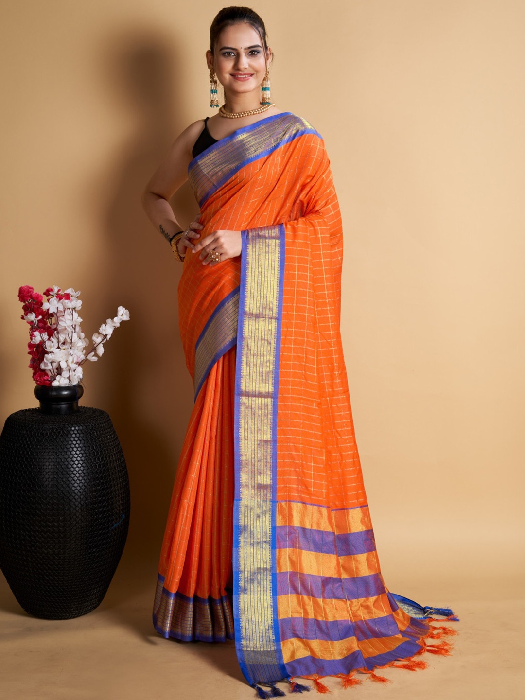 

DWINI Checked Tasseled Silk Cotton Uppada Saree, Orange