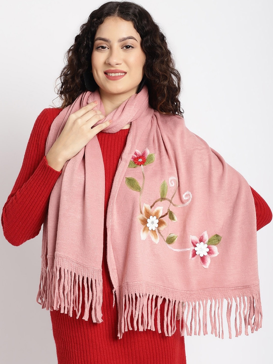 

ELLIS Fringed Floral Self Design Acrylic Mufflers, Pink