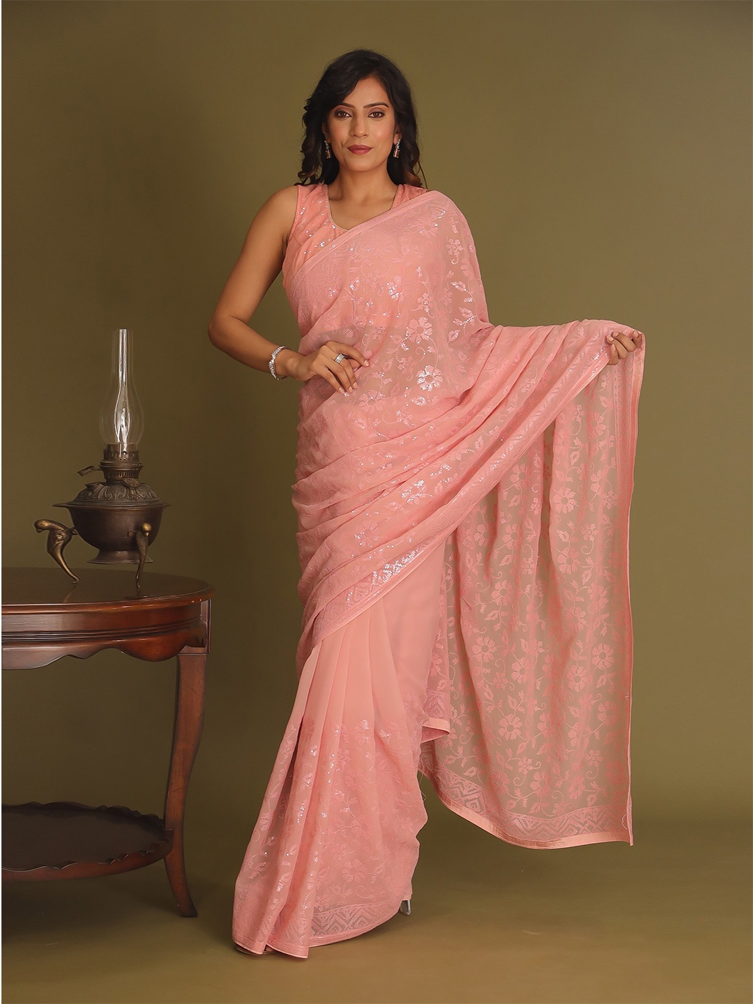 

ZARI Floral Sequinned Pure Georgette Saree, Pink