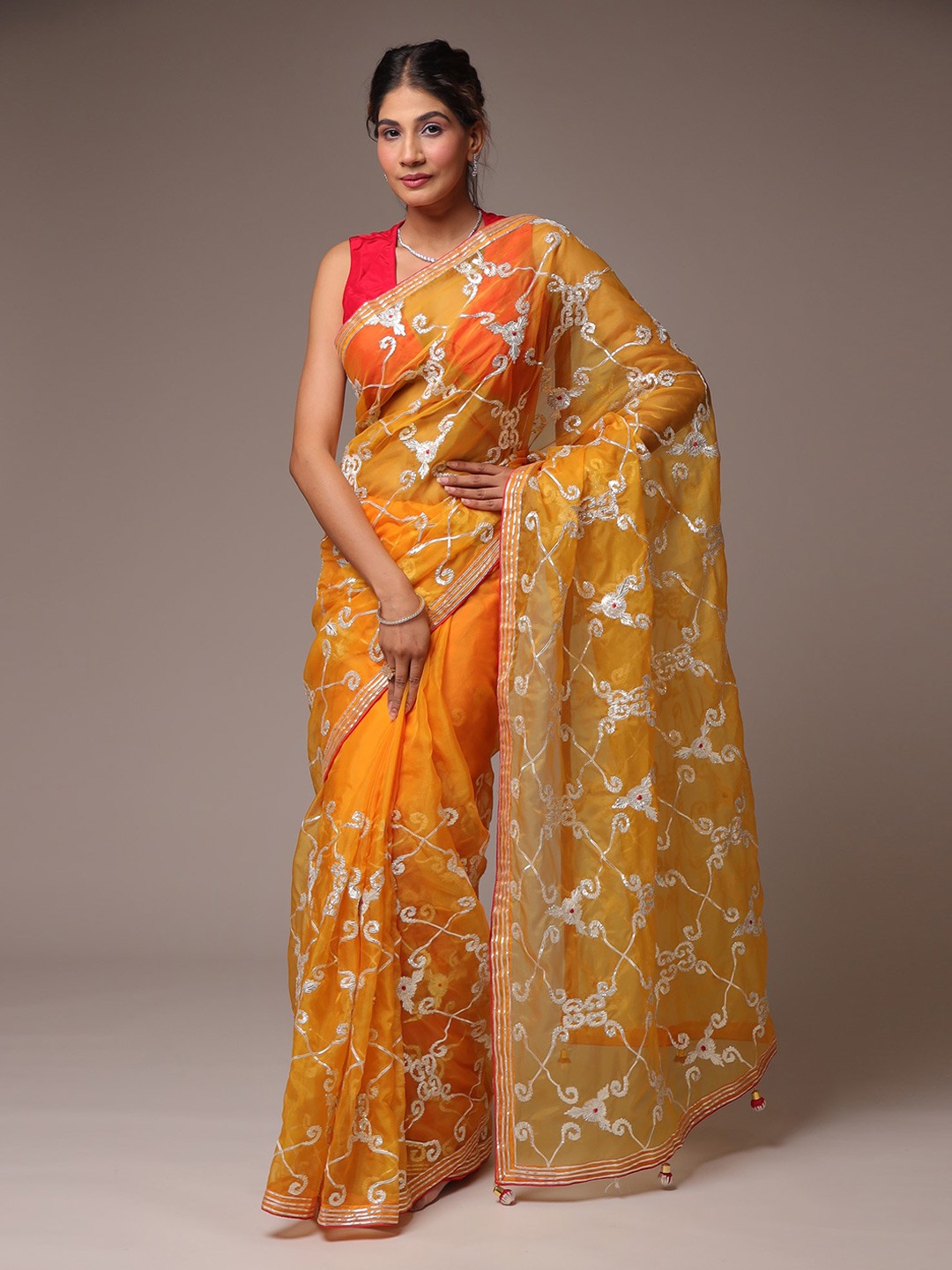 

ZARI Floral Gotta Patti Organza Saree, Yellow