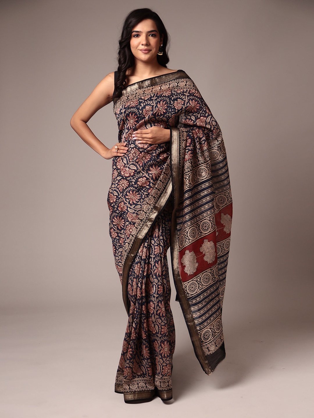 

ZARI Floral Printed Zari Pure Cotton Saree, Navy blue