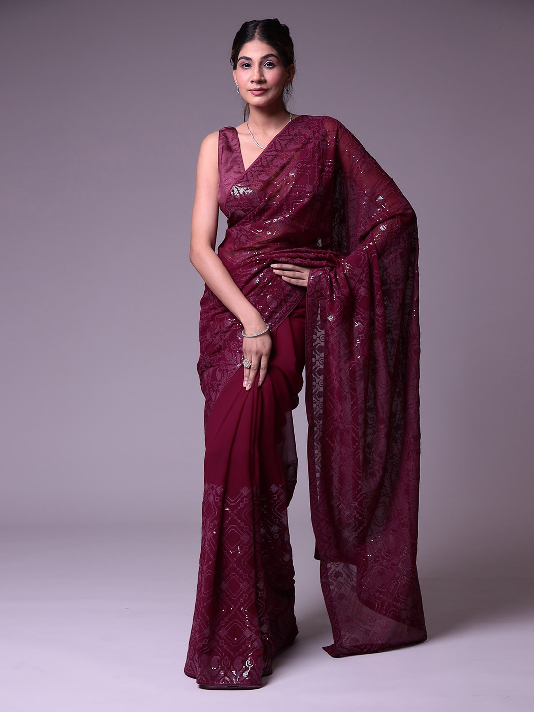 

ZARI Sequin Embellished Pure Georgette Saree, Purple
