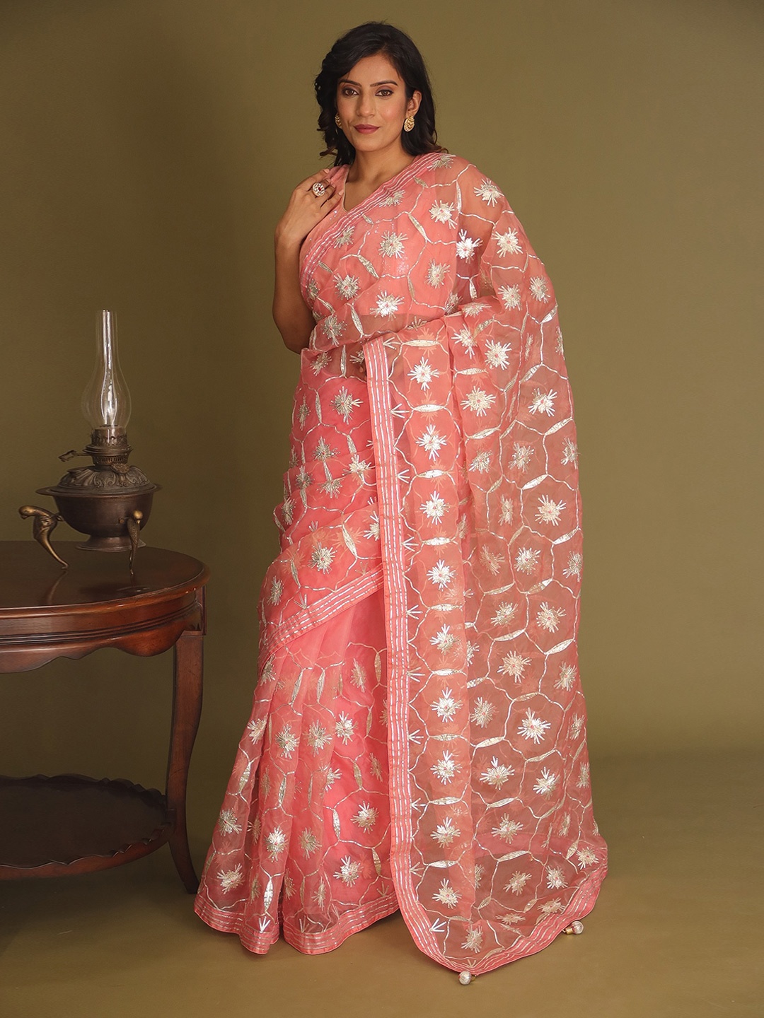 

ZARI Floral Gotta Patti Organza Saree, Peach