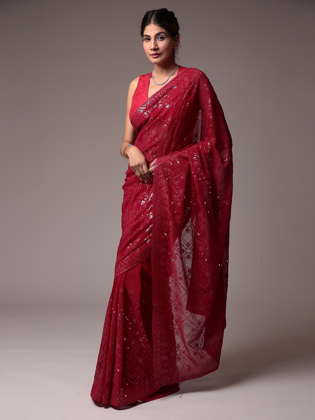 

ZARI Embellished Sequinned Pure Georgette Saree, Maroon