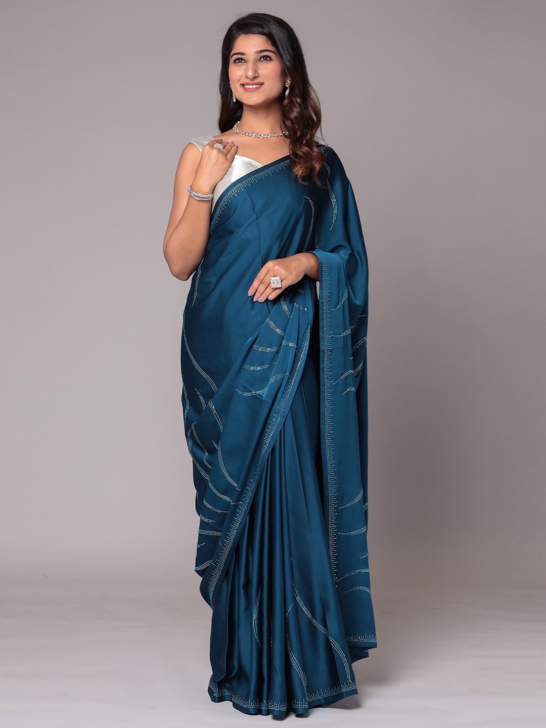 

ZARI Embellished Beads And Stones Satin Saree, Blue