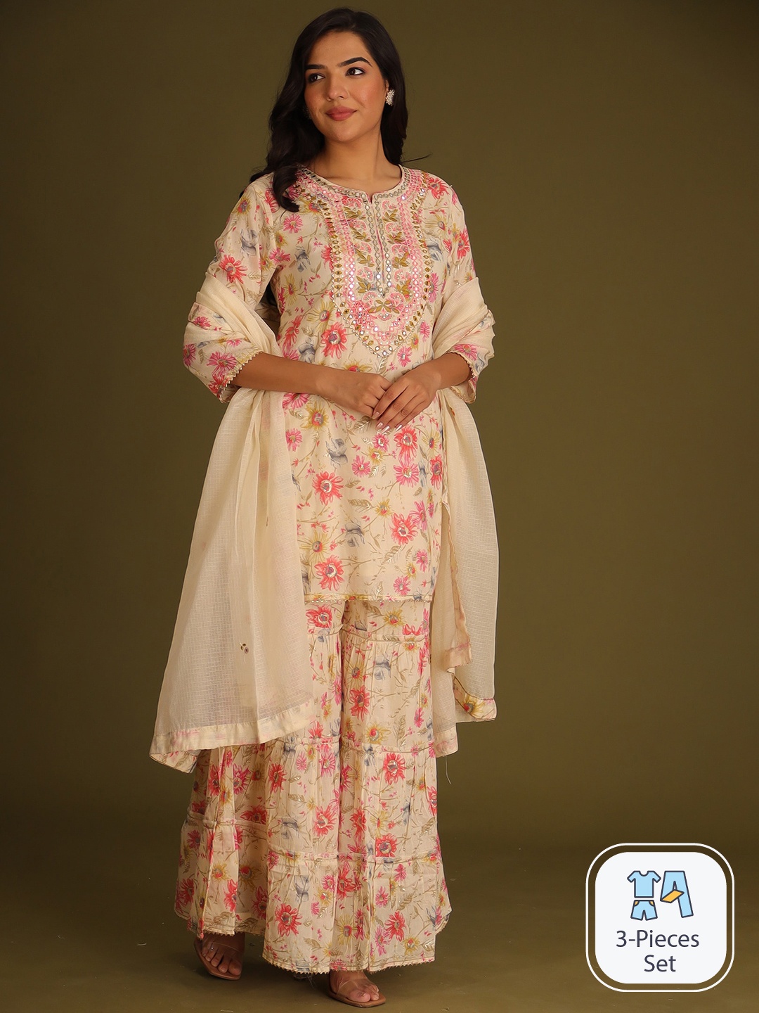 

ZARI Floral Printed Gotta Patti Kurta With Sharara & Dupatta, Cream