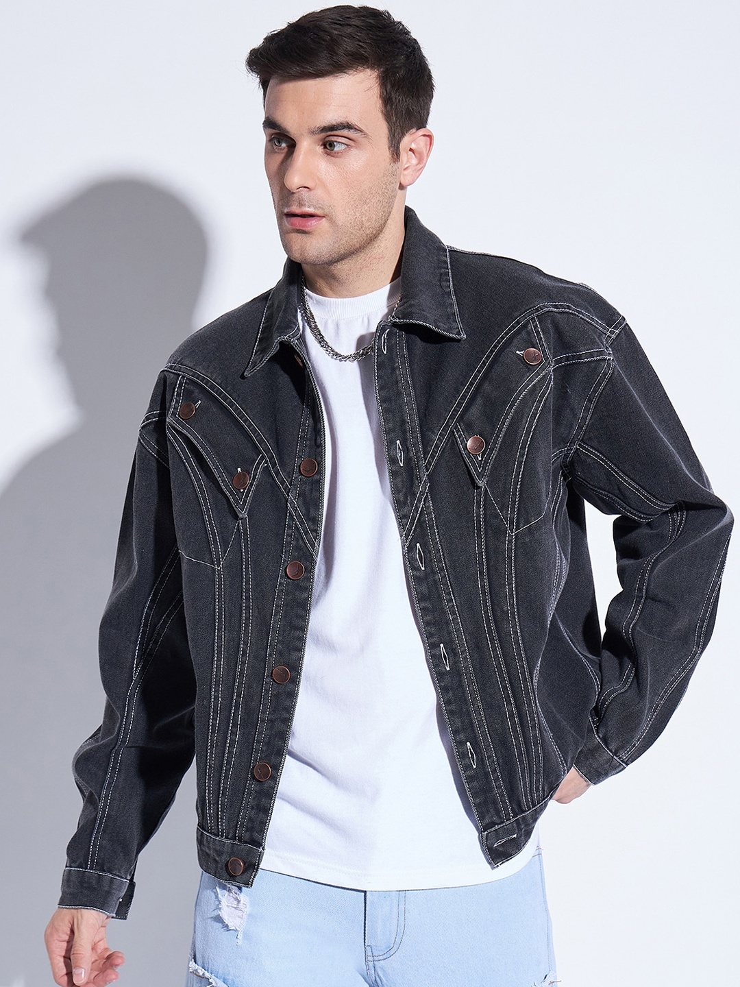 

FUGAZEE Spread Collar Long Sleeves Paneled Cotton Denim Jacket, Black