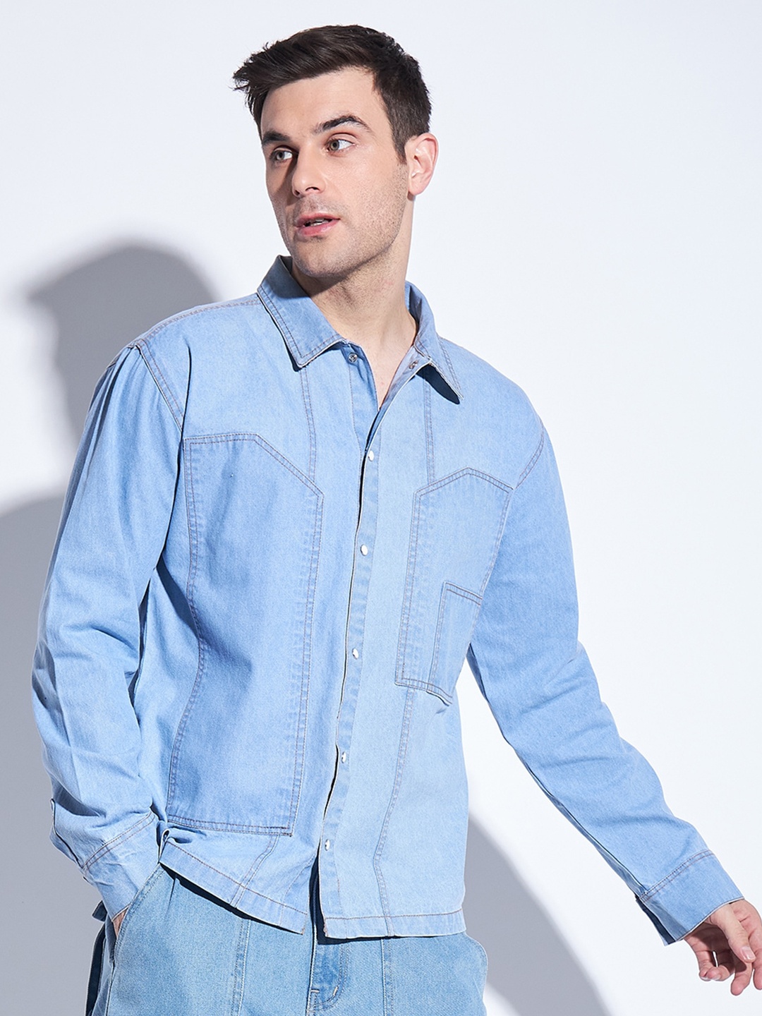 

FUGAZEE Relaxed Oversized Spread Collar Long Sleeve Cotton Casual Shirt, Blue