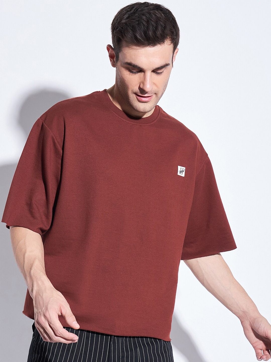 

FUGAZEE Drop-Shoulder Sleeves Cotton Oversized T-shirt, Brown
