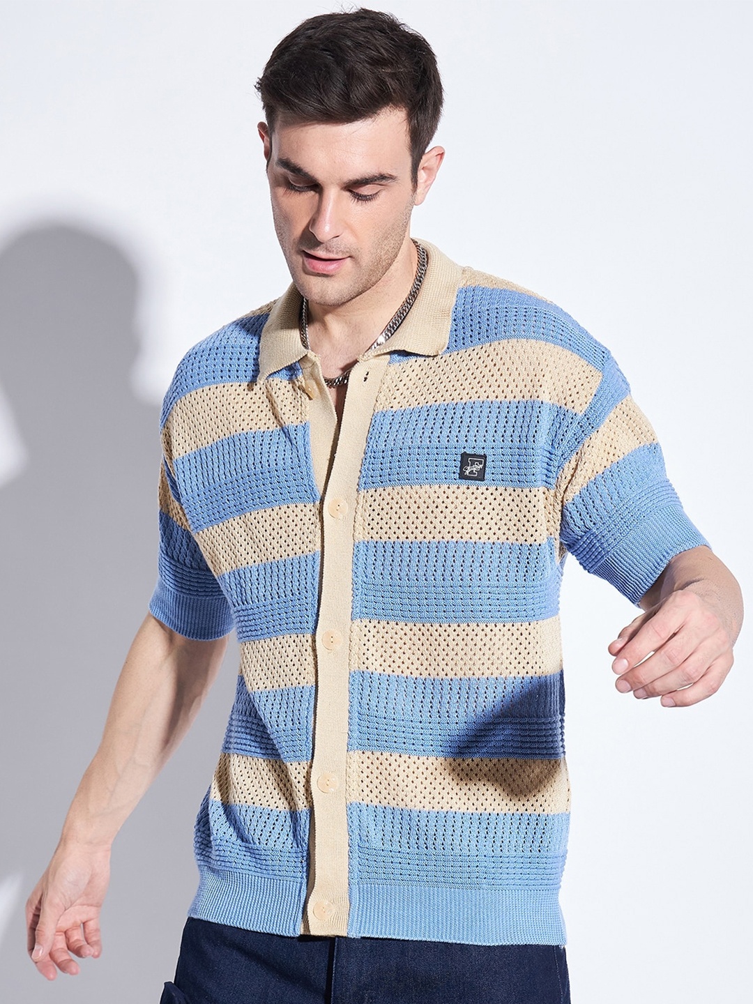 

FUGAZEE Relaxed Horizontal Stripes Crochet Cotton Casual Shirt, Blue