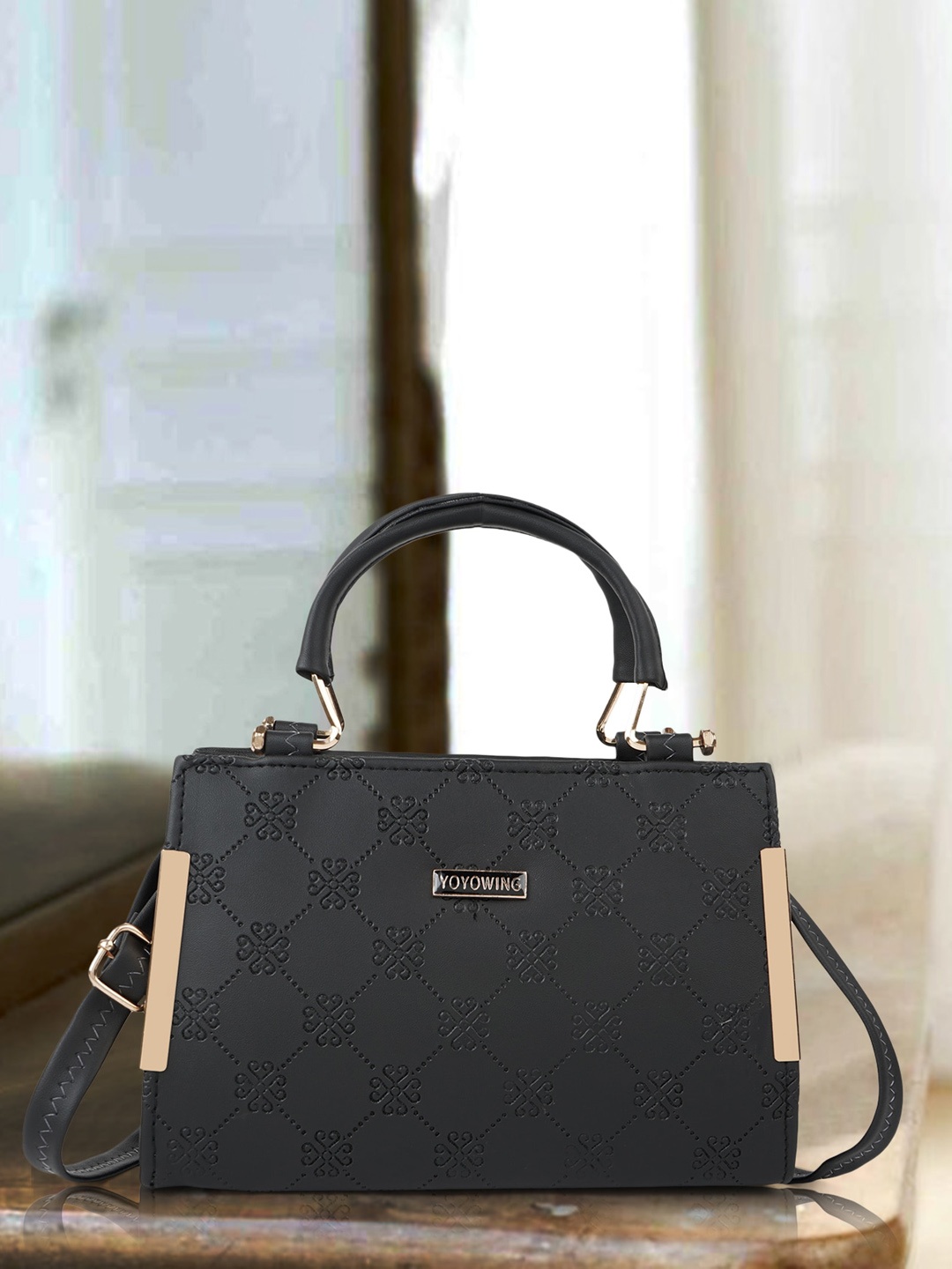 

YOYOWING Floral Textured Structured Handheld Bag, Black