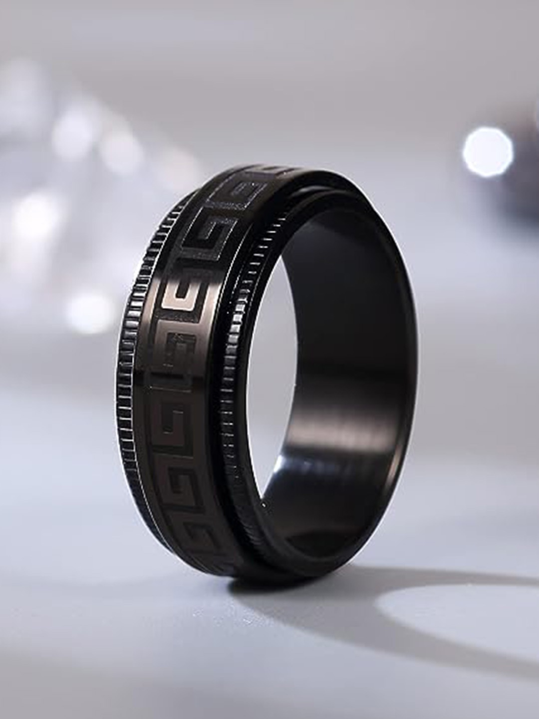 

MEENAZ Men Silver-Plated Oxidised Stainless Steel Band Ring, Black