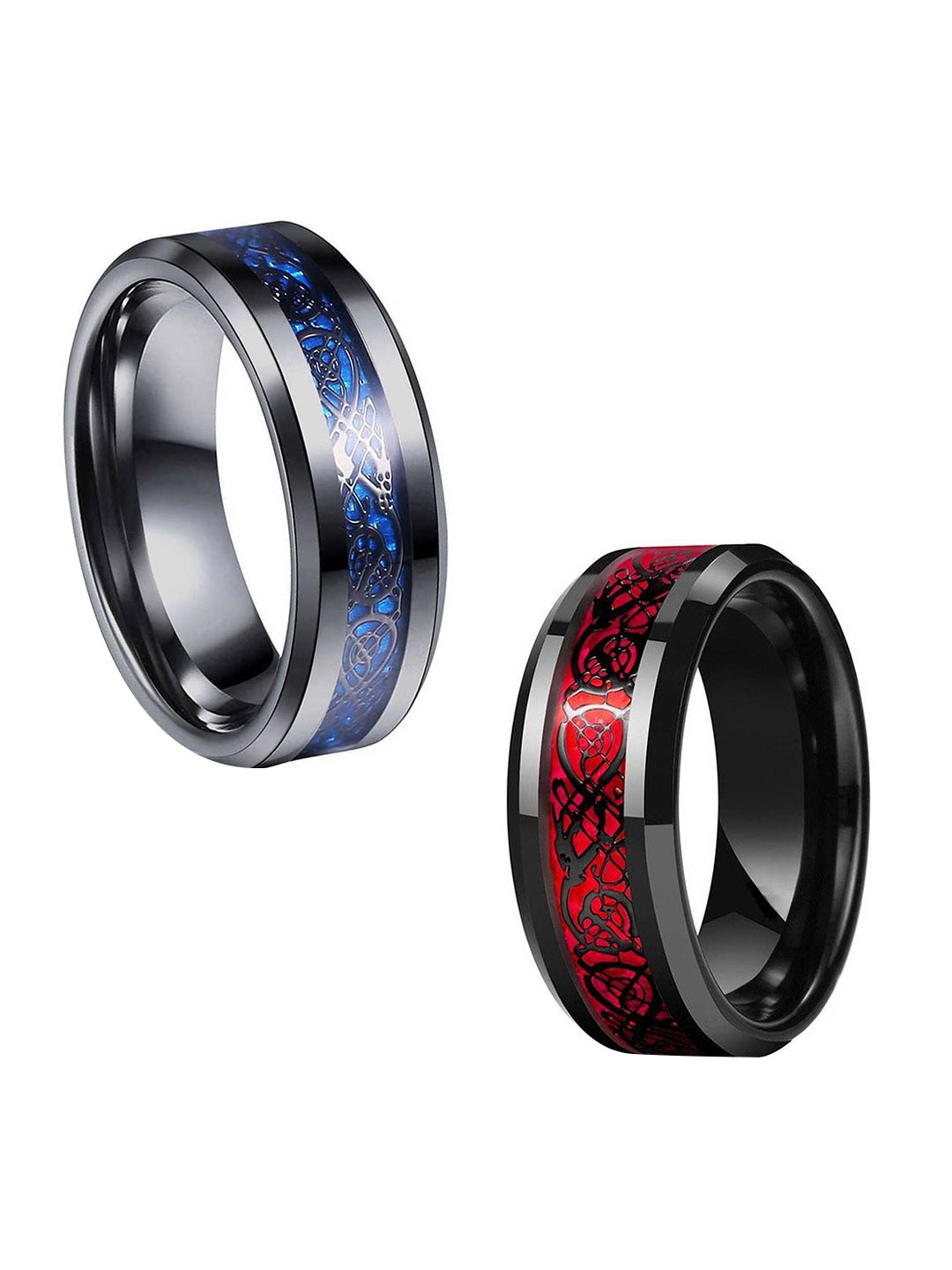 

MEENAZ Men Set Of 2 Stainless Steel Silver-Plated Dragon Band Finger Rings, Black