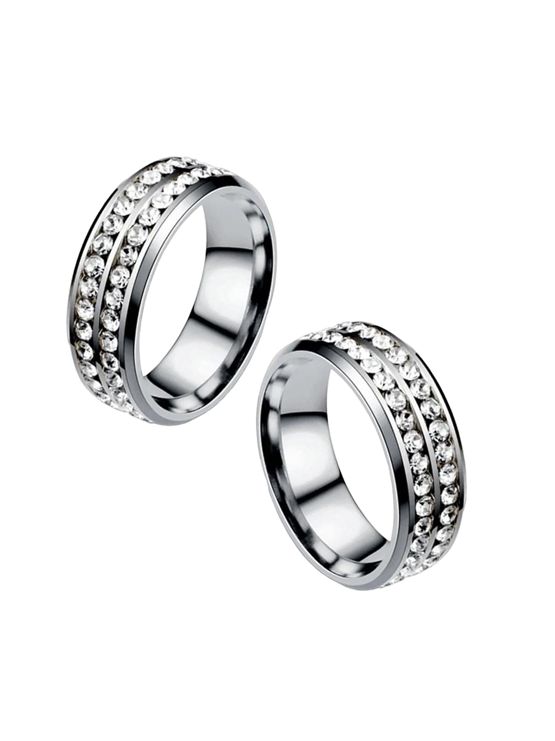 

MEENAZ Men Set Of 2 Stainless Steel Silver-Plated AD-Studded Band Rings