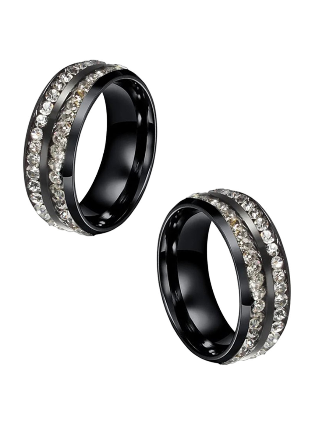 

MEENAZ Men Set Of 2 Stainless Steel Silver-Plated AD-Studded Band Rings, Black