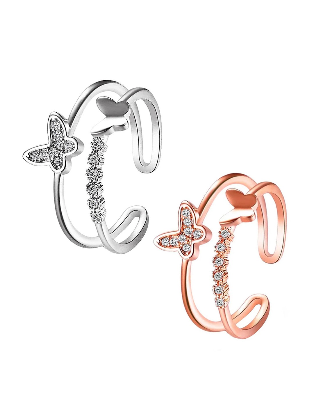 

MEENAZ Set Of 2 Rose Gold-Plated Stainless Steel American Diamond Finger Rings