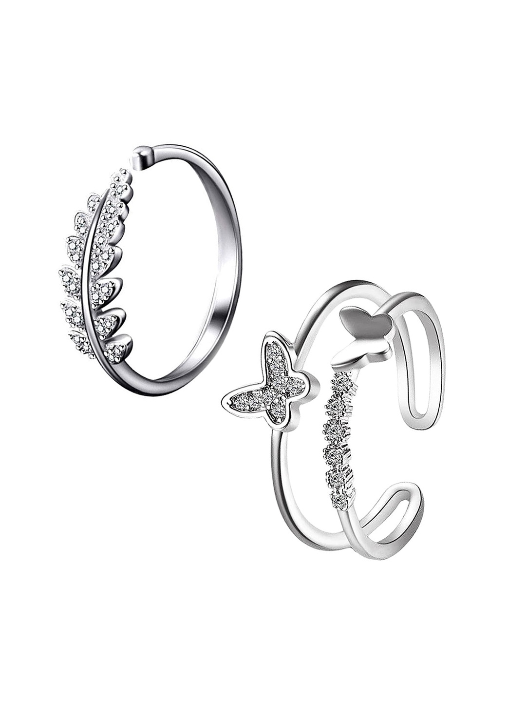 

MEENAZ Set Of 2 Silver-Plated CZ-Studded Finger Rings