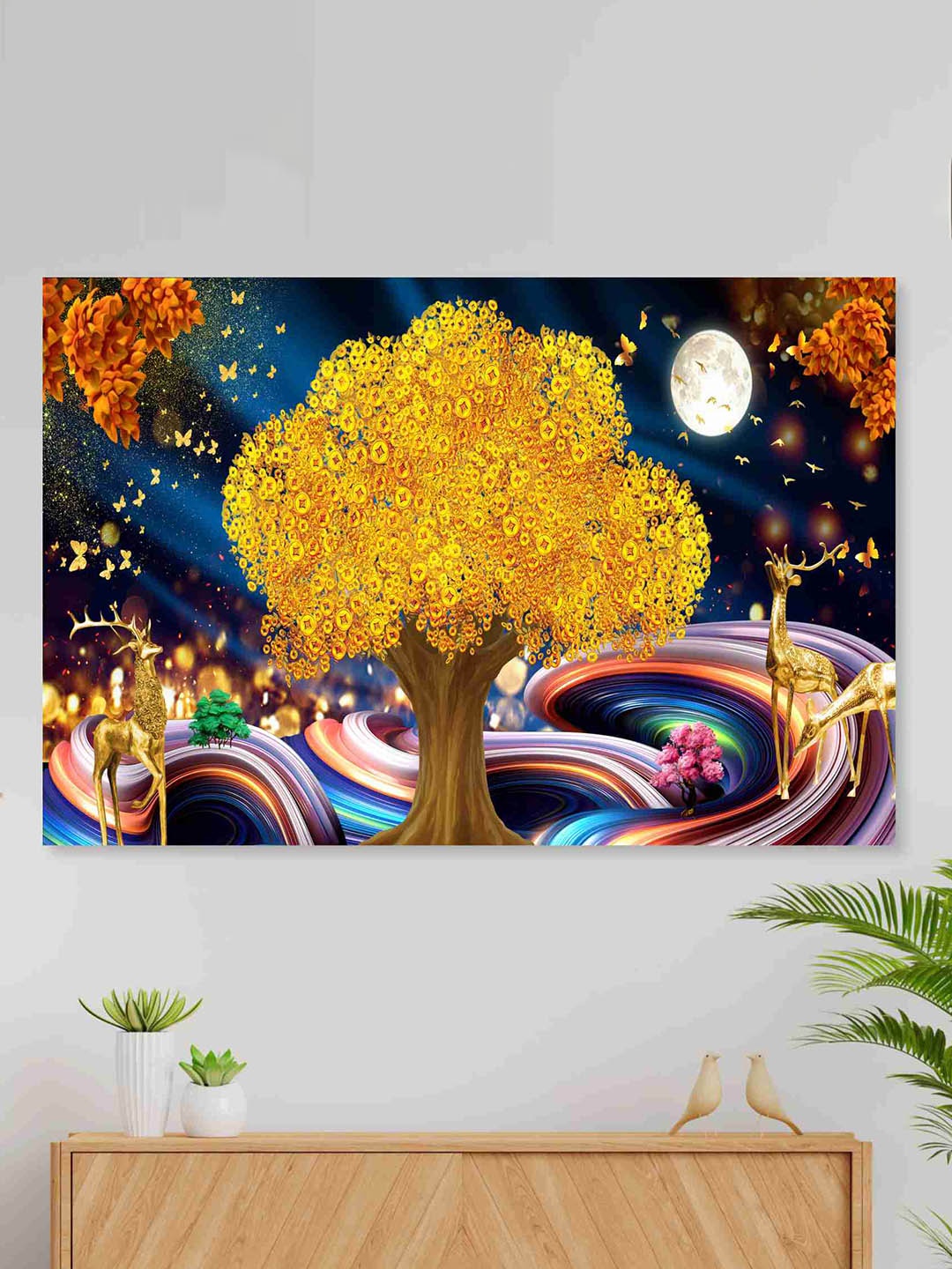 

SAF Yellow & Navy Blue Nature Art Sparkle Coated Unframed Painting Wall Art