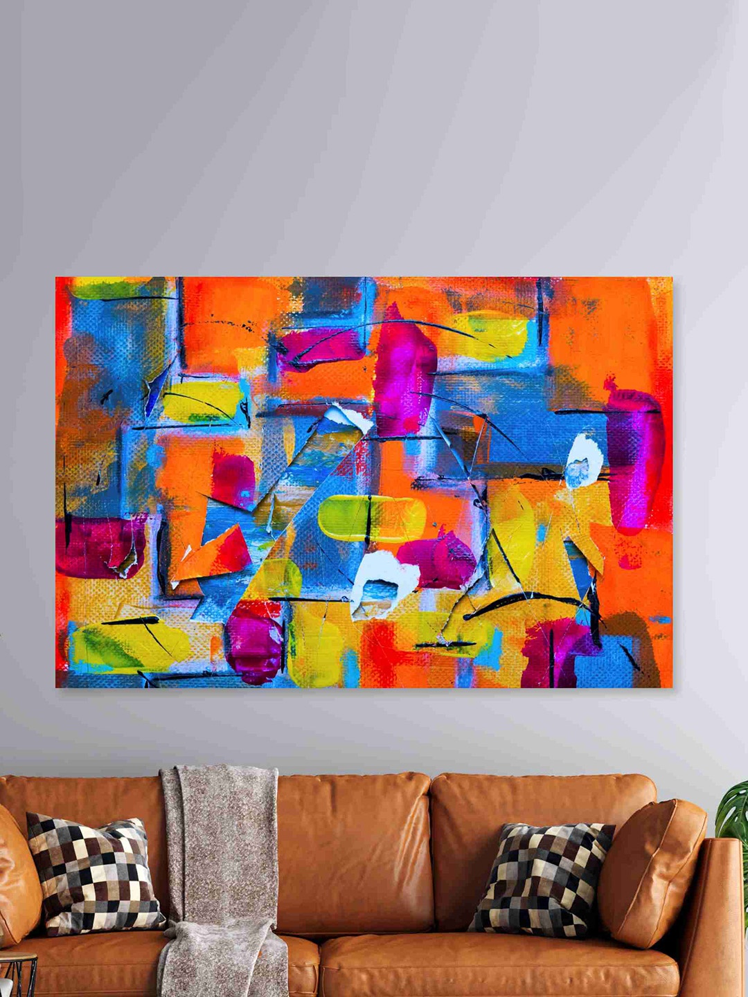 

SAF Orange & Blue Abstract Art Sparkle Coated Unframed Painting Wall Art