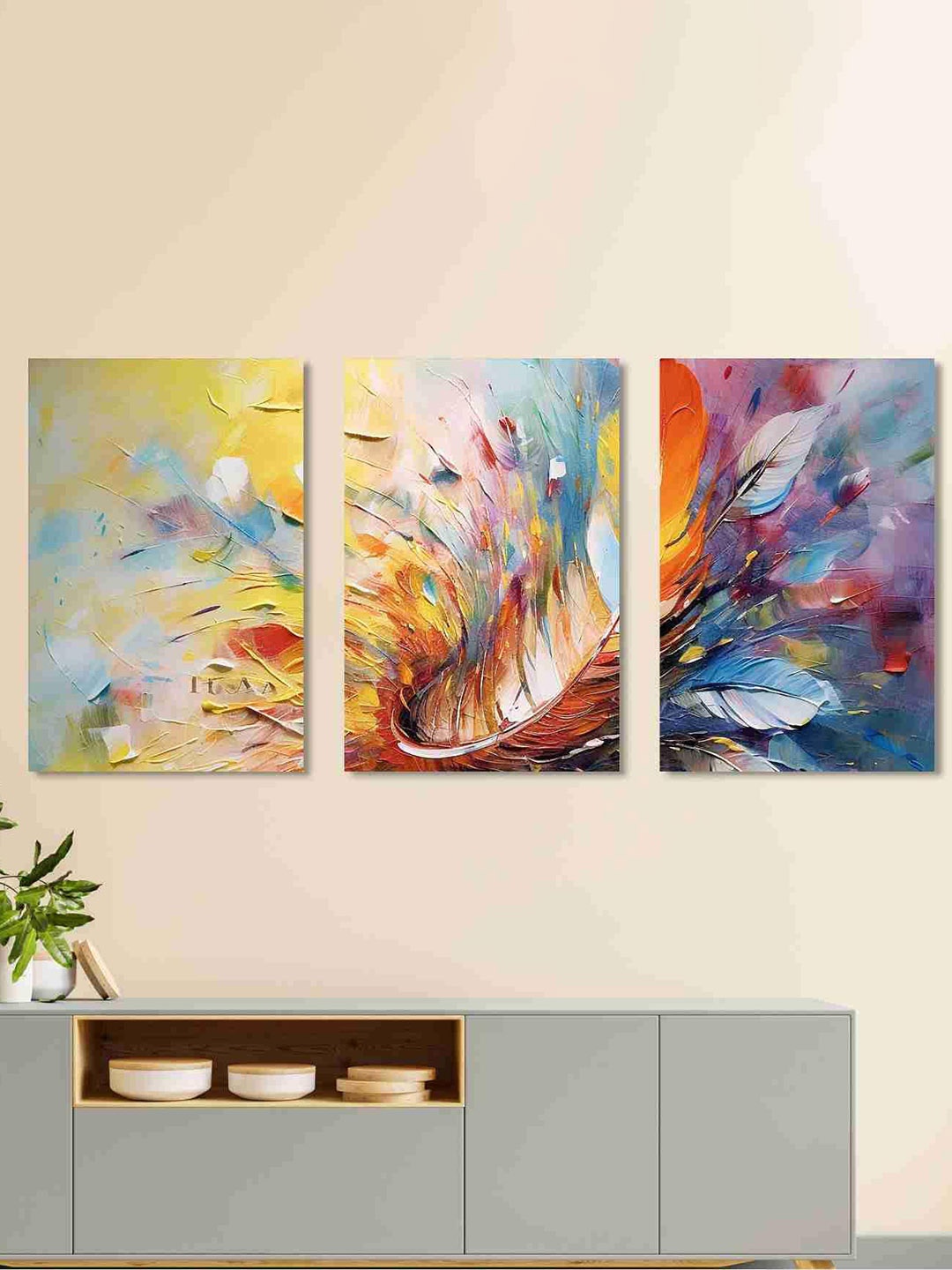 

SAF Blue & Yellow 3 Pieces Abstract Art Cotton Canvas Wall Arts