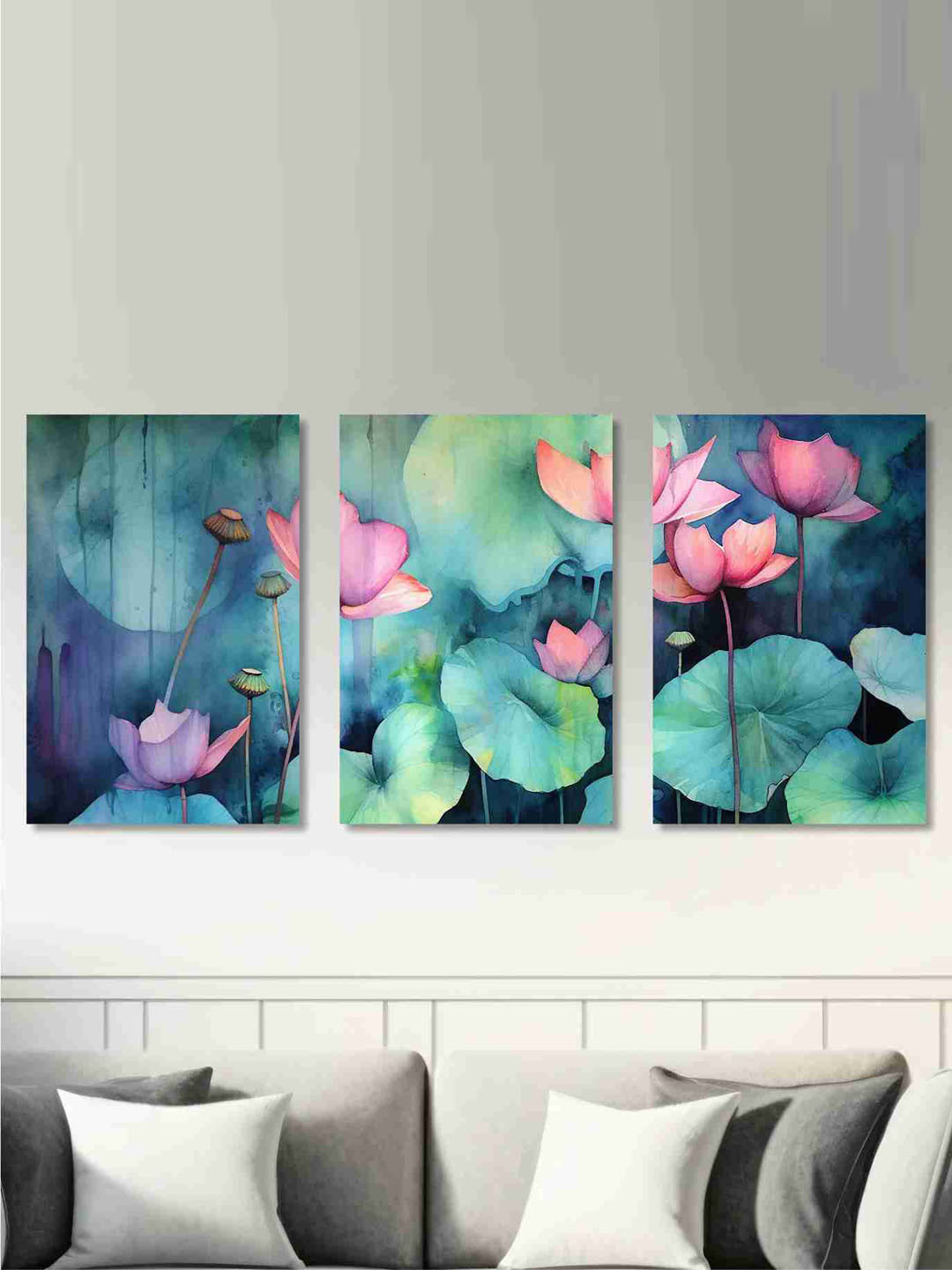 

SAF Green & Pink 3 Pieces Floral Cotton Canvas Wall Arts