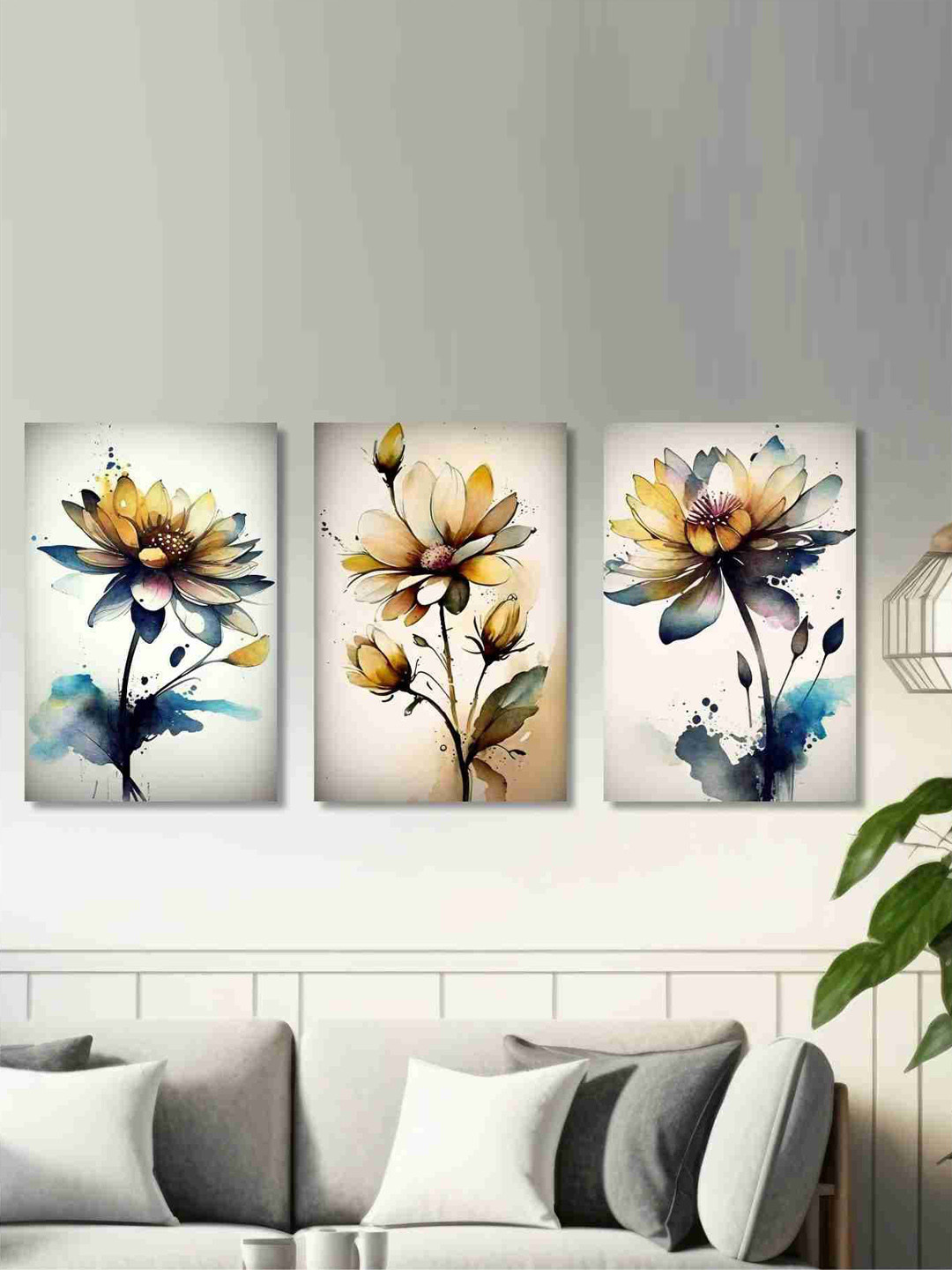 

SAF Blue & Yellow 3 Pieces Floral Cotton Canvas Painting Wall Arts
