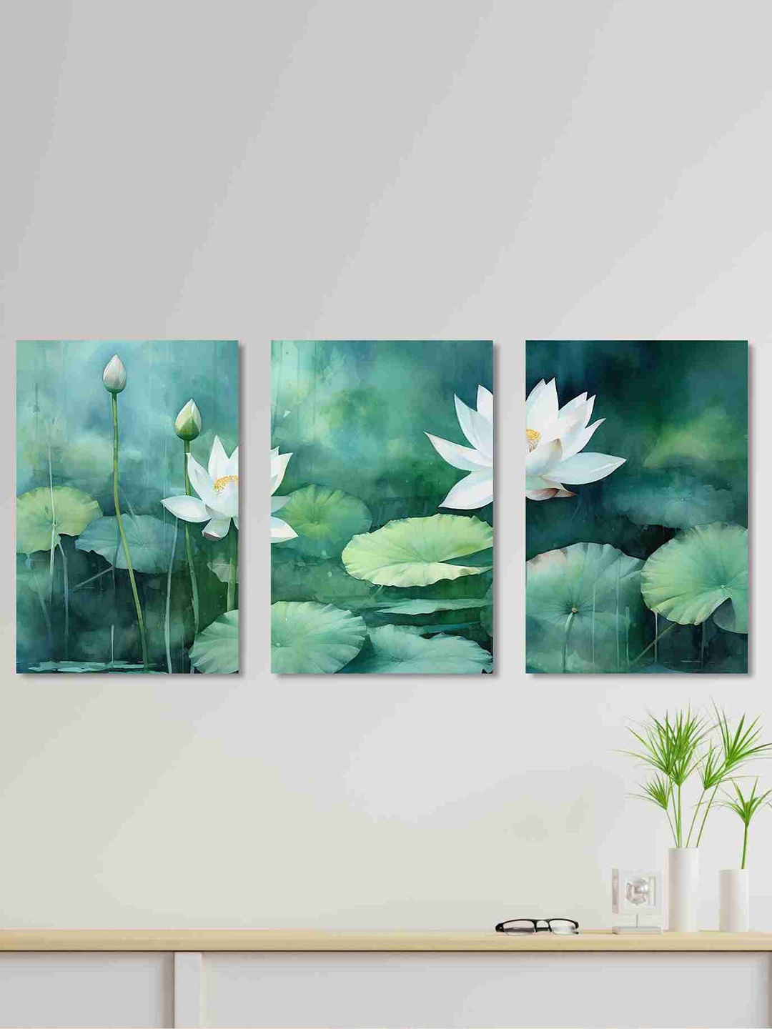 

SAF 3-Pcs Green & White Floral Cotton Canvas Wall Arts